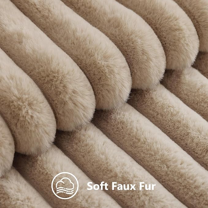 decorUhome Fall Faux Fur Throw Pillow Covers 20x20 Set of 2 Khaki Brown | Decorative Soft Cozy Striped Plush Modern Farmhouse Boho Couch Pillow Cases Velvet Back for Sofa Bed Living Room Home Decor