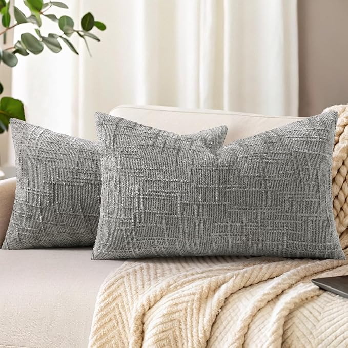 decorUhome Textured Chenille Throw Pillow Covers 12x20 Set of 2 Grey | Fall Modern Farmhouse Soft Cozy Slubby Couch Pillow Cases Boho Decorative Pillow Cases for Bed Sofa Living Room Home Decor