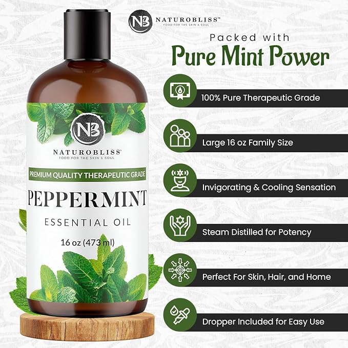 NaturoBliss Peppermint Essential Oil, 100% Pure and Natural Therapeutic Grade, Premium Quality Peppermint Oil, 16 fl. Oz - Perfect for Aromatherapy and Relaxation