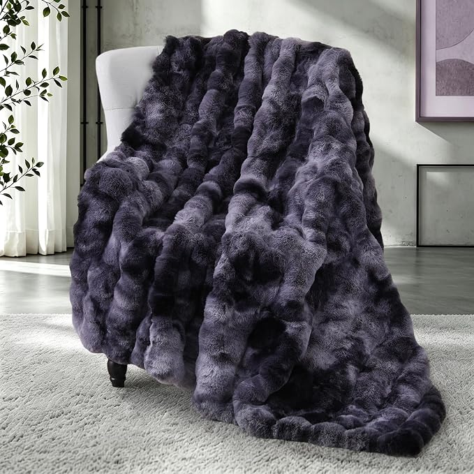 Super Comfort Oversized Warm Thick Bubble Luxury Plush Rabbit Faux Fur Throw Blanket, Fluffy Blanket,Soft Cozy Blanket for Couch Chair Bed Sofa Living Room (Tie-Dye Black, 60inX80in)