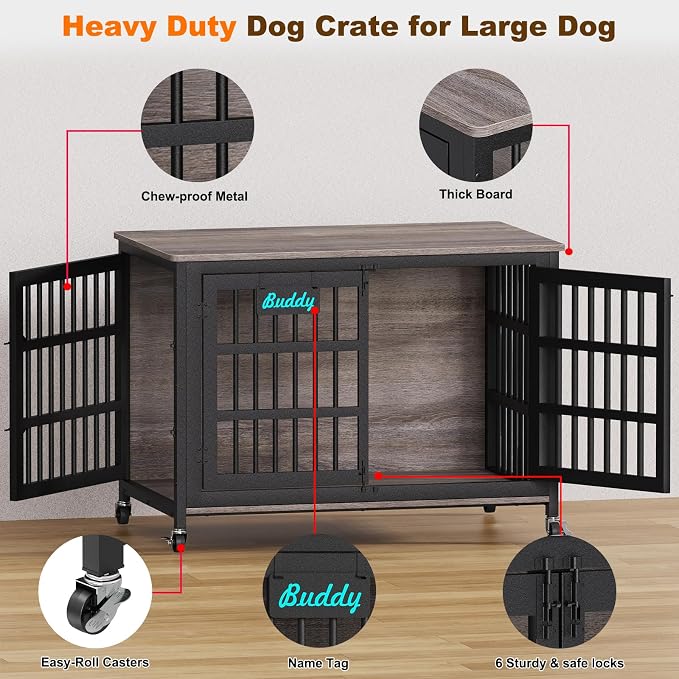 EasyCom 46"/42"/33" XXL Heavy Duty Dog Crate Furniture with Casters | Dog Kennel Indoor with Name Tag, Escape-Proof and Chew-Proof Dog Cage for Large High Anxiety Dog, as End Table