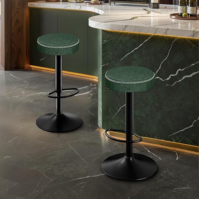 Bar Stools Set of 2 Microfiber Leather Counter Height Bar Stools with Round Seat Adjustable Swivel Backless Barstools Modern Tall Bar Chairs for Kitchen Island Green(24-33 Inch,330lbs)