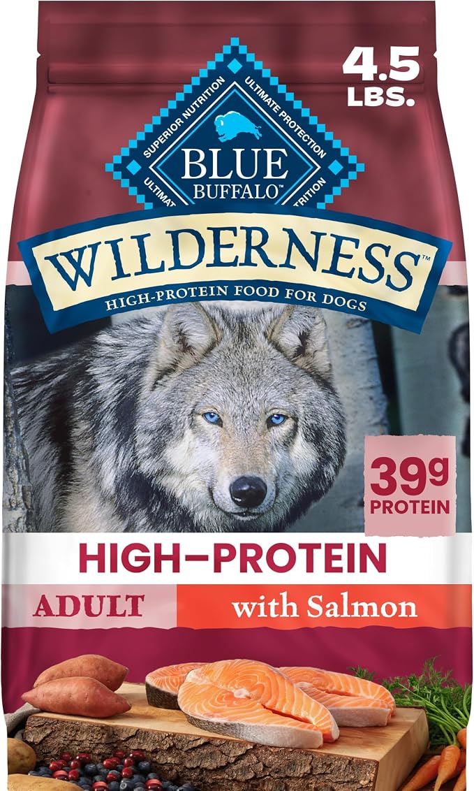 Blue Buffalo Wilderness Salmon & Wholesome Grains Adult Dry Dog Food 4.5 lb | 39g Protein, Real Salmon #1 Ingredient, Antioxidant-Rich Fruits & Veggies, High Protein to Fuel Adventures