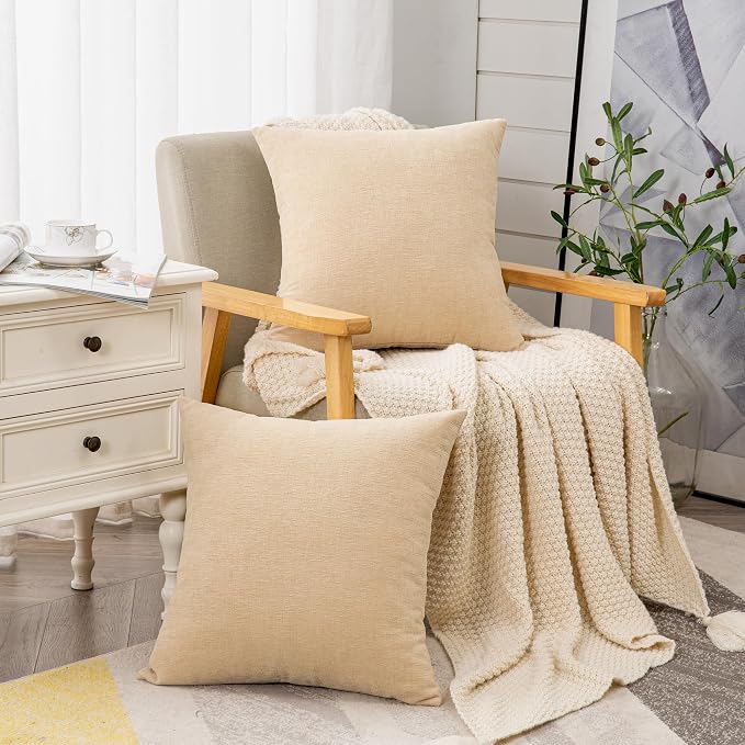 GAWAMAY Decorative Couch Throw Pillow Covers 20x20 Inch Set of 2 Beige | Soft Chenille Farmhouse Style, Hidden Zipper, Neutral Cushion Pillowcases for Sofa Living Room Bed, Only Covers