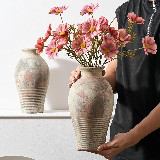 LUKA Ceramic Rustic Flower Vase Home Decor-11 inches Large Tall Retro Vases | Vintage Vases Living Room Kitchen Bedroom Decorations for Home Bookshelf Office Coffee Desk Dining Fireplace (11"Tall)