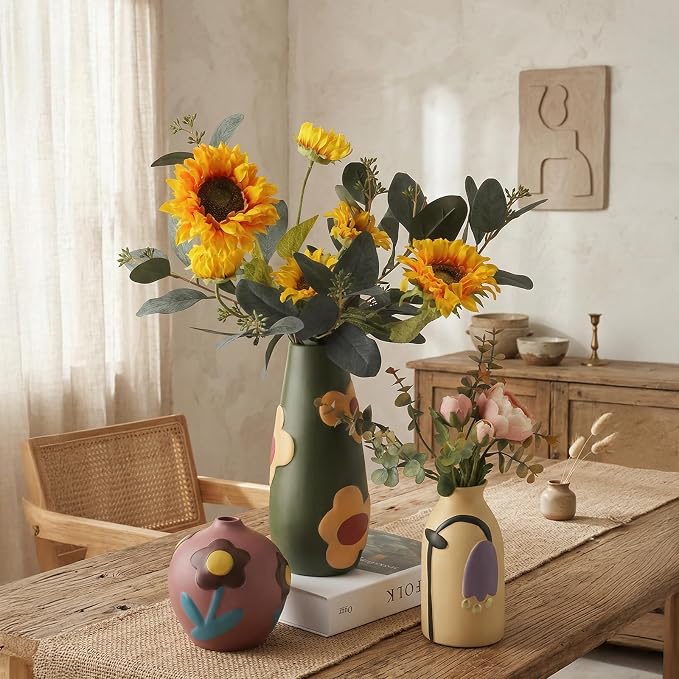 Vintage Ceramic Vase, Minimalist Texture Stone Patterned White Flower Vase, Decorative Vase for Living Room Shelf Farmhouse Dining Table Centerpiece Decor (Colorful Rustic-3 Pack) (Rustic-3 Pack)