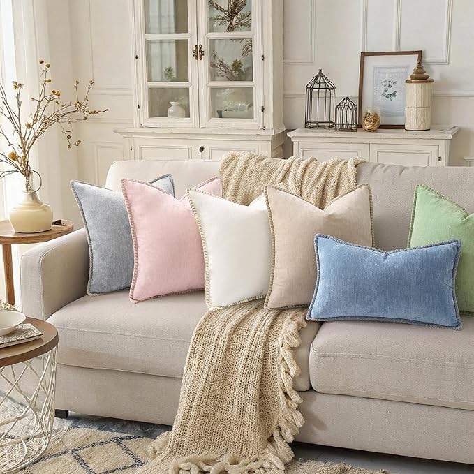 decorUhome Soft Chenille Throw Pillow Covers 16x16 Set of 2 Neutral Gray | Fall Textured Decorative Throw Pillow Cases Stitched Edge Modern Farmhouse Luxury Boho Velvet for Couch Sofa Bed Home Decor