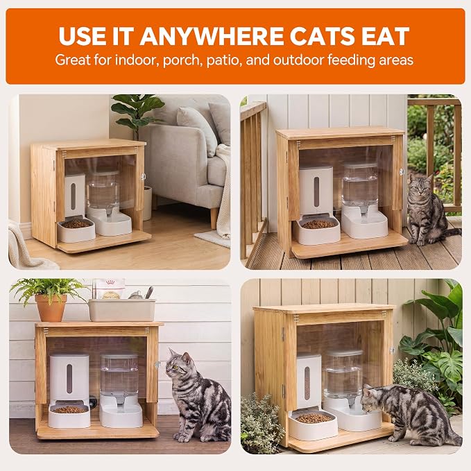 Outdoor Wooden Cat Feeding Station with Wall Anchor | Weather-Resistant, Fits 2 Automatic Feeders or Bowls, 1-Gal Water Dispenser, Cable Port, For Stray, Feral & Community Cats