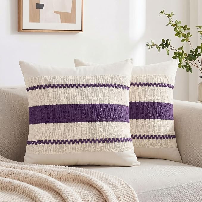 Fancy Homi Set of 1 Boho Purple Decorative Throw Pillow Cover 18x18 Inch for Couch Bed Sofa, Aesthetic Modern Organic Farmhouse Home Decor, Soft Cotton Cute Accent Macrame Woven Cushion Case