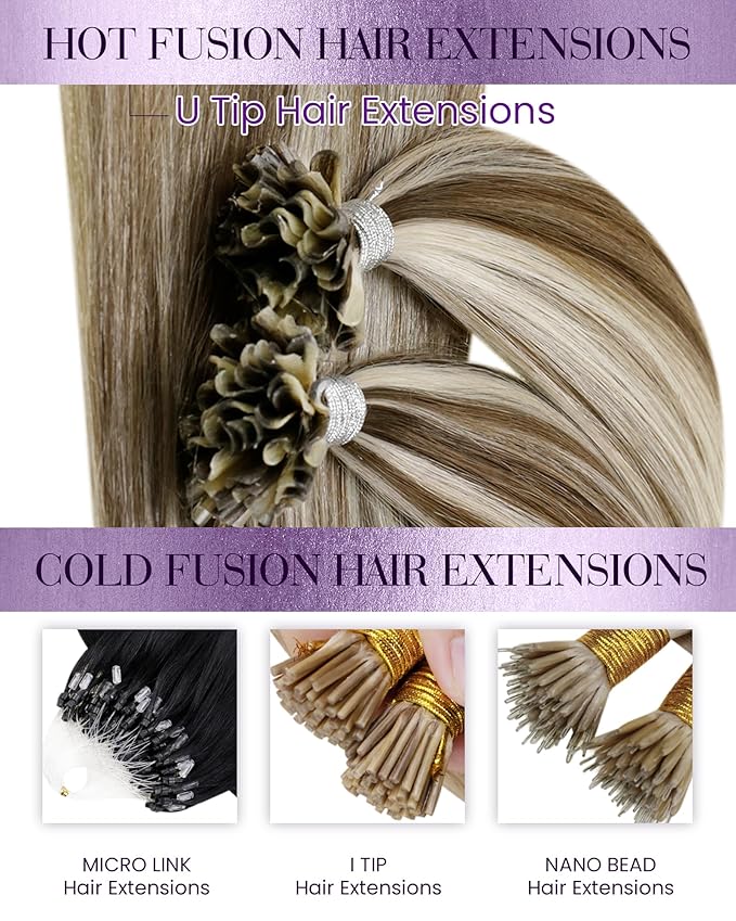 LaaVoo K Tip Hair Extensions Real Human Hair Highlight Brown Utip Hair Extensions Human Hair Light Brown and Golden Blonde Ktip Human Hair Extensions Short Straight 50s 50g 14 inch