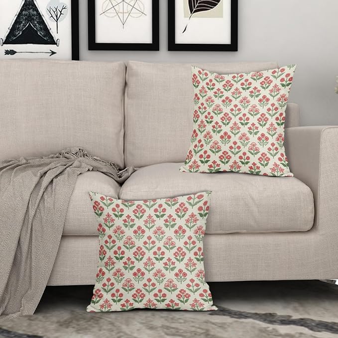 Red Green Christmas Floral Block Print Pillow Covers 18x18 Inch Set of 2, Vintage Flower Pattern Decorative Throw Pillowcases Outdoor Farmhouse Cushion Covers Holiday Rustic Sofa Couch Bed Decor