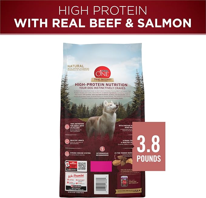 Purina ONE True Instinct High Protein Formula with Real Beef and Salmon Dry Dog Food - (4) 3.8 lb. Bags | Nutrient dense, with 32% protein for strong muscles, natural with added vitamins, minerals and nutrients