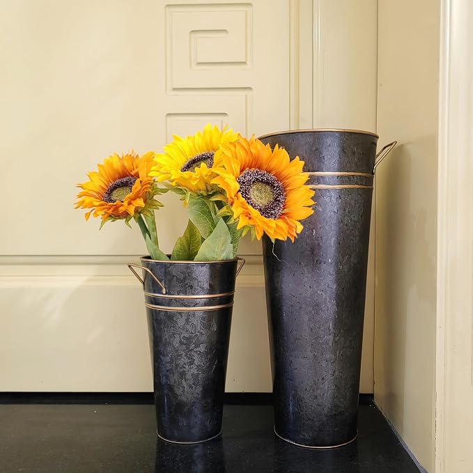 Hosley Set of 2 Zinc Finish French Bucket Vases with Handles 6"Dx15"H Perfect for Weddings, Parties, Country Picnics, Floral Arrangements, Tableware Storage, or Candle Gardens - Rustic Farmhouse Décor