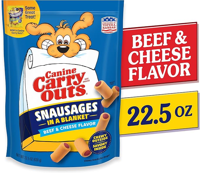 Canine Carry Outs Dog Treats, Snausages in a Blanket, Beef & Cheese Flavor, 22.5 Ounce (Pack of 4), Chewy Outside, Savory Inside | Soft & chewy dog snacks. Cheese-flavored outside. Savory, beef flavored center. Resealable bag. Produced in Topeka, Kansas.
