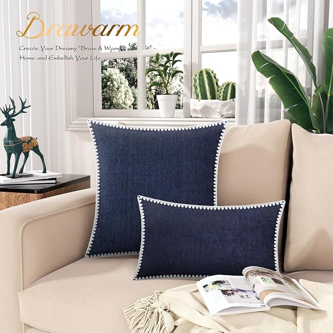 BRAWARM Chenille Throw Pillow Covers 18x18 Inches, Navy Blue, 2 Pack | Decorative Pillow Covers with Shell Edge, Soft Cushion Cases for Sofa Bed Living Room Home Farmhouse (No Insert)
