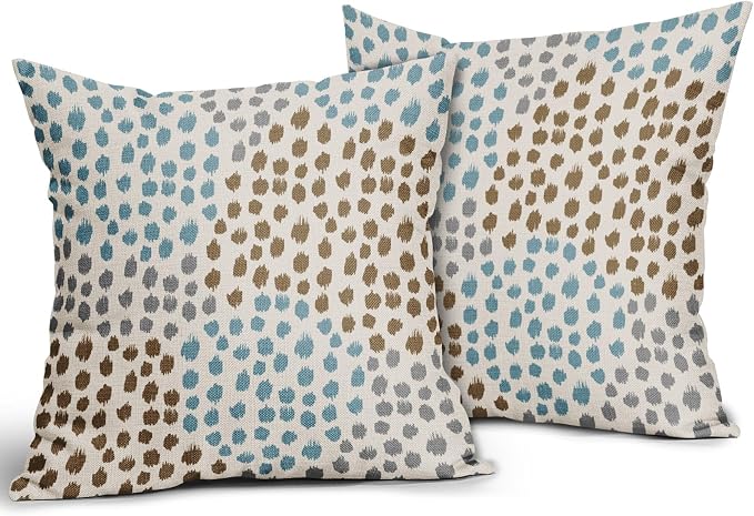 Brown Blue Pillow Covers 16x16 Set of 2 Boho Design Gray Polka Dot Throw Pillows Modern Art Trendy Print Decorative Outdoor Pillowcase Square Cushion Cover Linen Pillow Case for Home Sofa Couch Bed