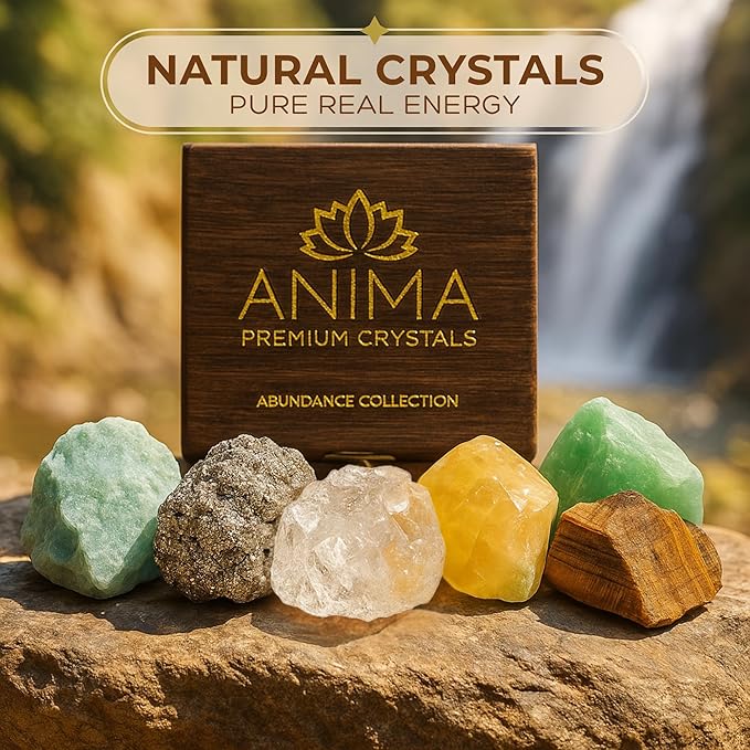 Anima Premium Abundance Healing Crystals Set for Success & Good Luck - Large Raw Citrine, Pyrite, Tigers Eye, Green Aventurine, Amazonite & Clear Quartz - Wooden Gift Box and Guide Booklet Included