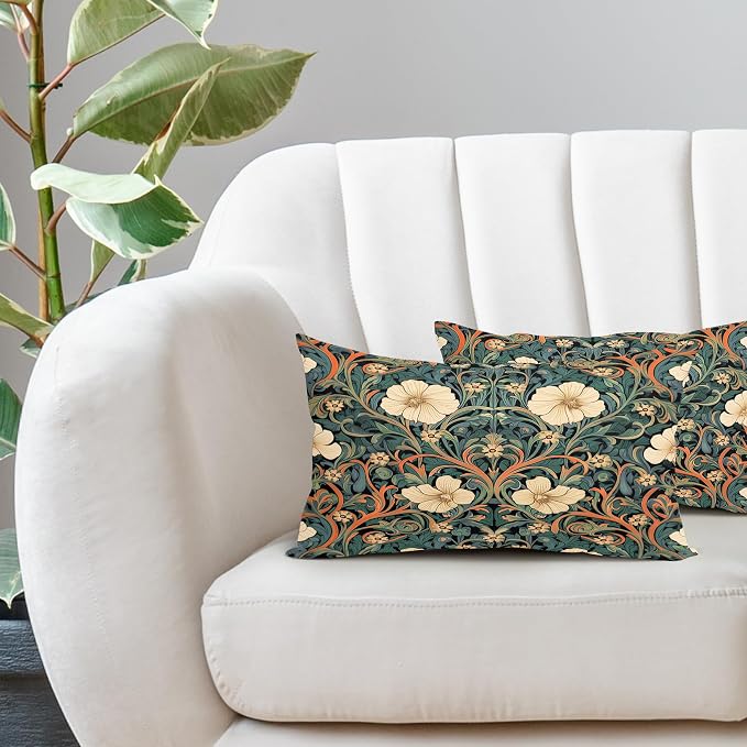 Vintage Floral Lumbar Pillow Covers 12X20 Inch Orange Whtie Green Toile Flowers Pillow Cases Chinoiserie Aesthetic Tapestry Linen Cushion Case Farmhouse Home Decor For Sofa Couch Porch Outdoor Pack 2