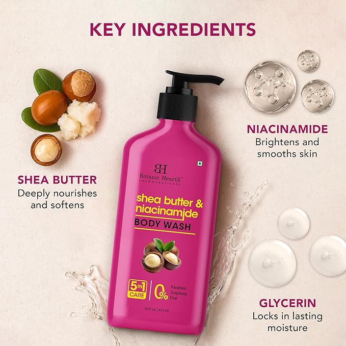 Botanic Hearth Shea Butter & Niacinamide Body Wash – Deeply Nourishing & Renewing Hydrating Shower Gel, Gentle Cleanser, Sulfate & Paraben Free – 16 fl oz