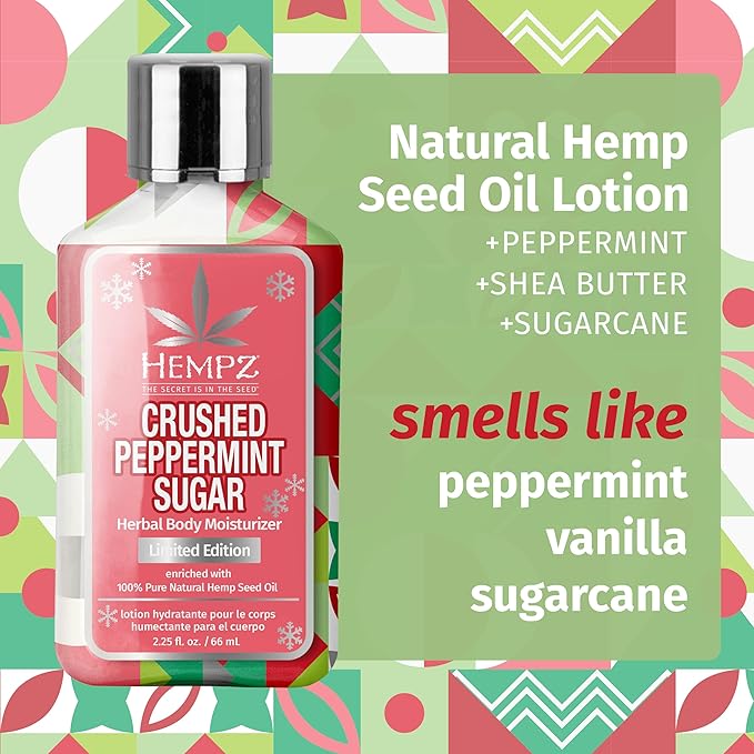 Hempz Mini Crushed Peppermint Sugar Herbal Body Lotion, Moisturizer for men and women, Holiday Gifts, 2.25 oz (Pack of 2)