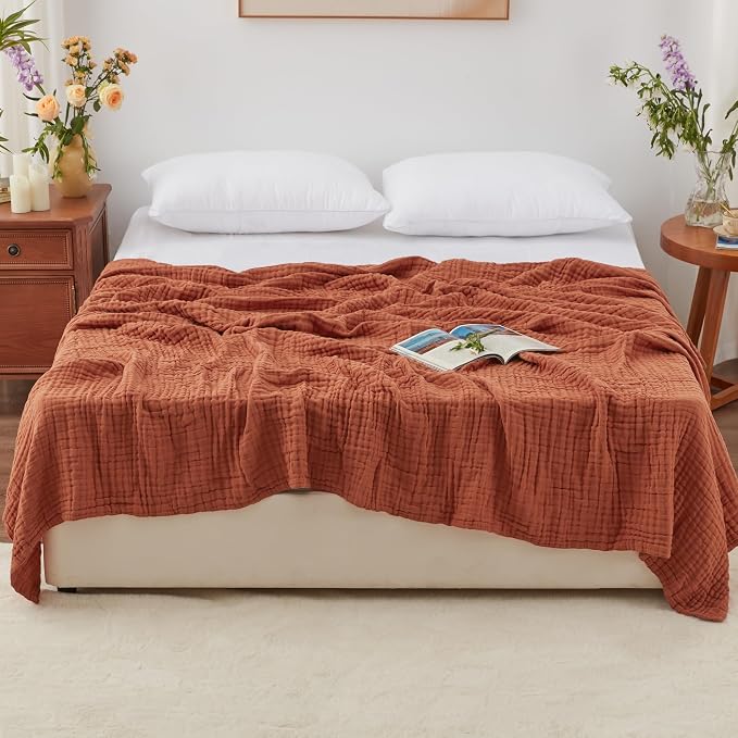 Love's cabin 100% Cotton Muslin Blanket, 6 Layer Lightweight Breathable Gauze Queen Size Blanket 90 x 90 Inches, Soft All Season Blanket for Bed, Orange