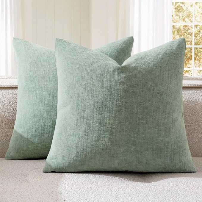 MIULEE Greyish Green Chenille Couch Throw Pillow Covers, 18x18 | Set of 2, Soft Modern Farmhouse Style, Decorative Pillowcases for Sofa Living Room Bed, Home Decor