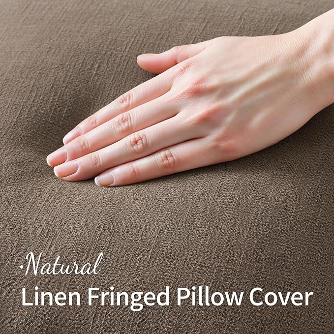 MIULEE Linen Fringe Decorative Fall Throw Pillow Covers Cocoa Brown 18x18 | Set of 2, Cottagecore Decor, Boho Farmhouse Neutral Pillow Covers, Rustic Fall Couch Cushion Cases for Sofa Bed Living Room