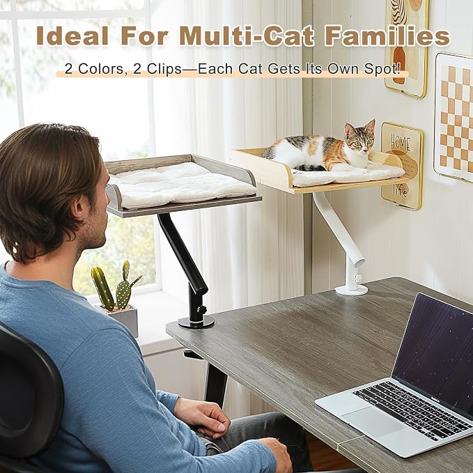 PAWZ Road Cat Desk Bed 360°Rotating Supports to 50 Lbs Cozy Nest for Desk | Wooden Desk Mount Cat Bed with Sturdy Clamp – Fits Desks & Tables, Padded Soft Nest for Cats, Holds Up to 50 lbs