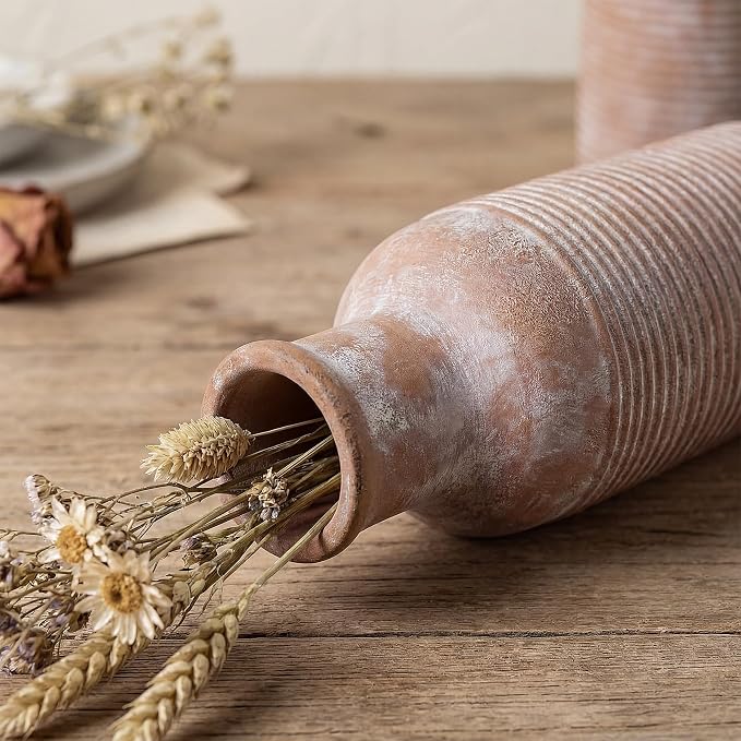 Rustic Farmhouse Vase Set of 3 - Ceramic Decorative Vintage Vases Home Decor - Pampas Grass Dried Fresh Flowers - for Centerpiece, Coffee Table, Mantel Entryway, Living Room, Bedroom (Retro 2)