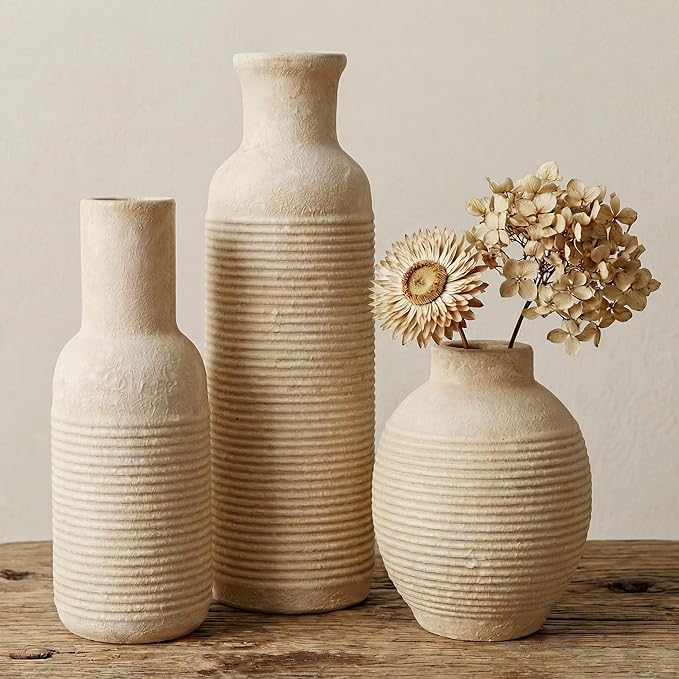 Rustic Farmhouse Vase Set of 3 - Ceramic Decorative Vases Home Decor - Pampas Grass Dried Fresh Flowers - for Centerpiece, Table, Mantel Entryway, Kitchen, Bedroom (White2)