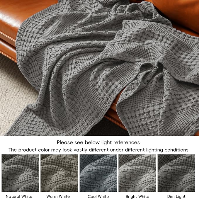 PHF 100% Cotton Waffle Weave Blanket Queen Size, Lightweight Breathable Summer Blanket for Hot Sleepers, Pre-Washed Soft Layer for Bed, Couch, Aesthetic Home Decor & Gift, 90"x90", Dark Grey