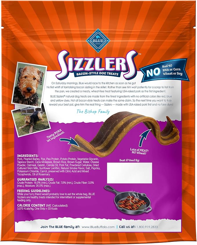 Blue Buffalo Sizzlers Pork Bacon-Style Dog Treats, 32 oz | Real USA Pork First, Soft-Moist Texture, No Chicken By-Product, Corn, Wheat, or Soy