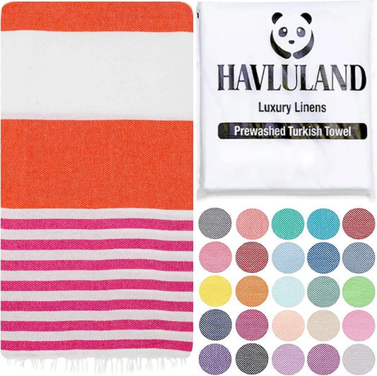 HAVLULAND Turkish Beach Towels, Oversized 40"x72" Turkish Bath Towel, Highly Absorbent Quick Dry Sand Free Beach Towels for Beach Pool Spa Gym Yoga Travel Camping Picnic Blanket - Orange/Fuchsia