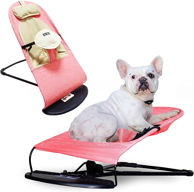 Cat & Dog Rocking Chair - Bouncer Bed for Frenchie, French Bulldog Lounge, Outdoor Portable Foldable Pet Furniture. Adjustable Height, Breathable Mesh, Safety Harness for Small Animals & Puppies