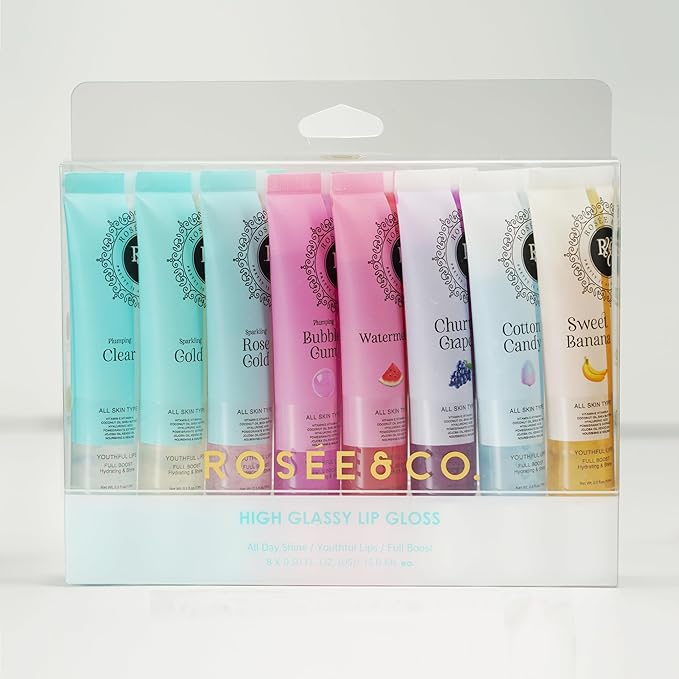 ROSÉE & CO Rosee Lip Gloss Vegan & Cruelty Free Treatment, Professional Make up, Long Lasting Glossy with Shea Butter, Moisturize, Protect & Smooth, High Shine, Non-Sticky - Set of 8-2