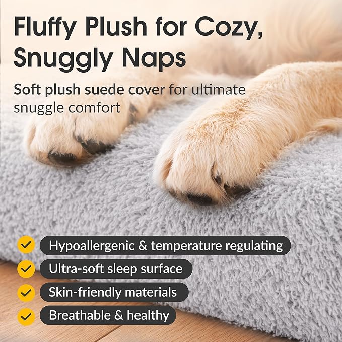 Orthopedic Memory Foam Dog Bed 7" Inch Thick Extra Large Dog Bed with Pillow Fluffy Grey 50"x34"x10" Includes Waterproof Liner & Durable Removable Cover with Smart Design