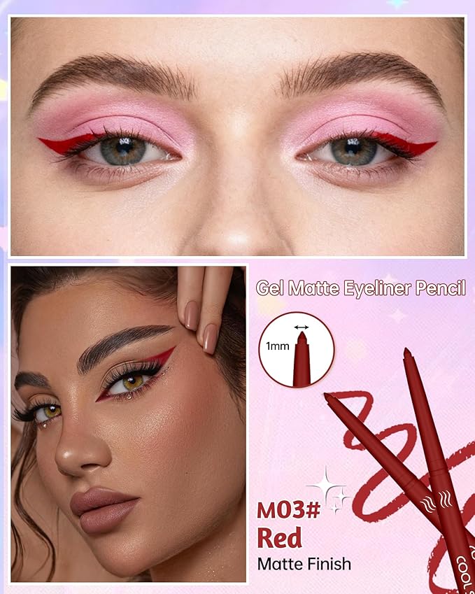 Red Gel Eyeliner Pencil, Retractable Cream Matte Eye Liner Pencils, Waterline Eye Makeup Liners, Waterproof & Smudge Proof Eyeliner Facial Makeup Gift for Mature Women, Girls, Christmas – M03 Red