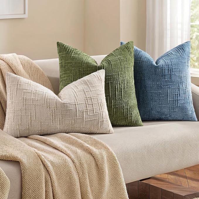decorUhome Textured Chenille Throw Pillow Covers 24x24 Set of 2 Olive Green | Fall Modern Farmhouse Soft Cozy Slubby Couch Pillow Cases Boho Decorative Pillow Cases for Bed Sofa Living Room Home Decor
