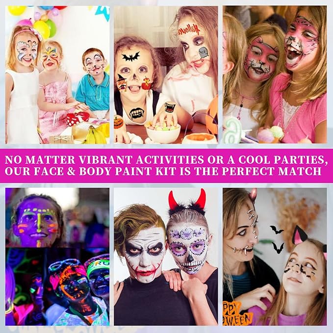 Face Painting Kit for Kids,39 Color Non Toxic Water Based Large Capacity Facepaint Kit,Face Paint Including 8 Fluorescent Color For Halloween,Cosplay,Parties,School Event,Stage,Carnival