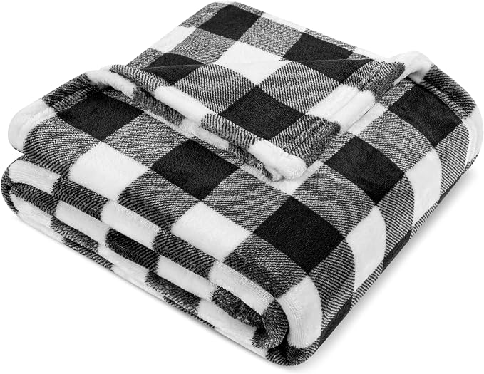 PAVILIA Black and White Buffalo Plaid Fleece Throw Blanket for Couch, Soft Checkered Flannel Blanket for Sofa, Plaid Christmas Couch Throw Bed, Warm Cozy Decorative Blanket Fall Decor Gift, 60x80