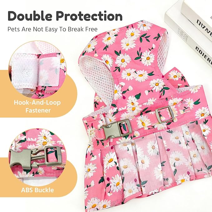 BAEJMJK Dog Dress Bowknot Harness Leash Set for Small Dogs Cats Daisy Floral Girl Dog Dresses Cute Puppy Princess Clothes Pet Doggy Outfits Spring Summer Breathable Dresses(Pink,Large)