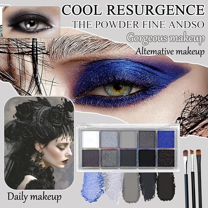 Black Grey Smoky Eyeshadow Palette,15 Colors Matte Shimmer Pigmented Eye Shadow Makeup Palette Set with 3 Eyeshadow Brushes,Glitter Eye Shadow Palette for Daily Halloween Goth Makeup(E)
