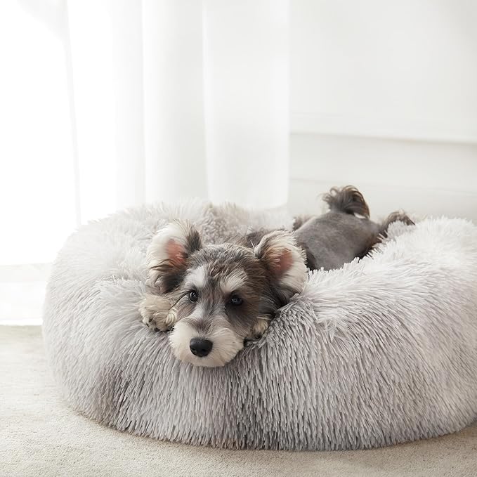 Western Home Calming Donut Small Dog Cat Bed Washable Puppy Bed,24" | Fluffy Faux Fur Round Cuddler,Anti-Anxiety,Anti-Slip Bottom,Pet Beds for Puppy&Small Dog&Large Cat,Up to 25 LBS White Grey