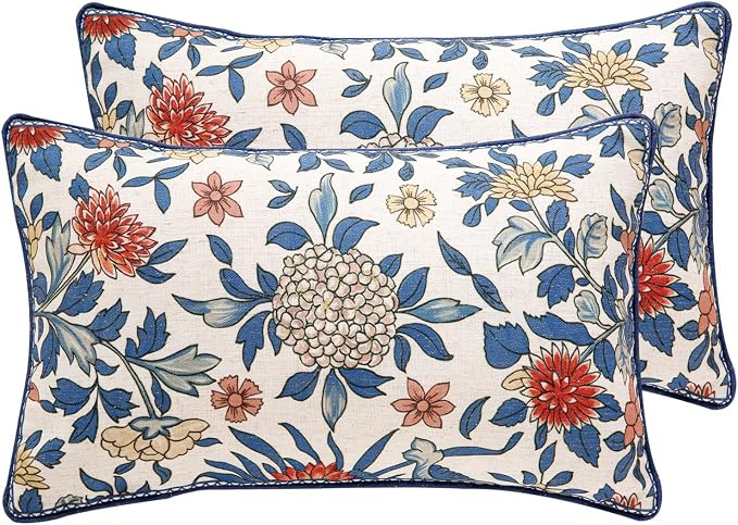 patdrea Designer Vintage Linen Throw Pillow Cover,12"x20",Set of 2-Ivar A | Decorative Pillow Cover,Blue and White Floral Pattern,Pillow Case for Couch Living Room Bedroom Sofa Outdoor