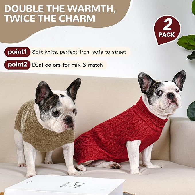 Dog Sweater 2 Pack for Medium Dogs, Size M, Red & Brown | Stretchy cable knit turtleneck, machine washable, high belly cut, comfy winter fit for French Bulldog, Pug
