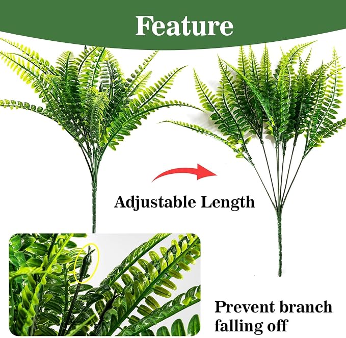 MAQIHAN 10PCS Fake Fern for Outdoor - Artificial Boston Fern Stems Decor | Realistic Fake Greenery for Large Planters, Vase, Porch, Patio, Garden Decor, Faux Plants for Indoor, Outdoor Home Decoration