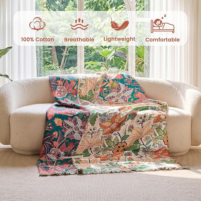 MSGKV Boho Throw Blanket 60"x80" Summer Cotton Floral Blanket for Twin | 100% Cotton Muslin, Botanical Throw Blanket, Reversible Weave, Soft & Breathable, Elegant Home Decor, Machine Washable