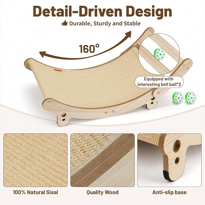 31.5" Sisal Cat Scratcher Bed with Bell Balls Wooden Cat Furniture(XXL) | Cat Scratching Post for Indoor Cats Hammock.Natural Sisal Cat Scratch.Anti Slip and Stable Without Shaking.Easy to install