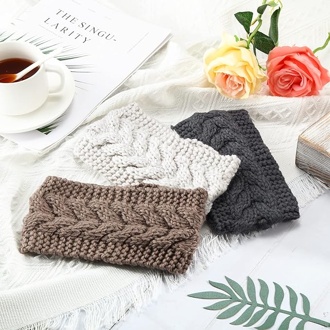 4 Pieces Winter Ear Warmers Headbands Women Warm Knitted Headband Braided Crochet Head Wraps for Girl (Khaki, Dark Grey, Beige, Black)