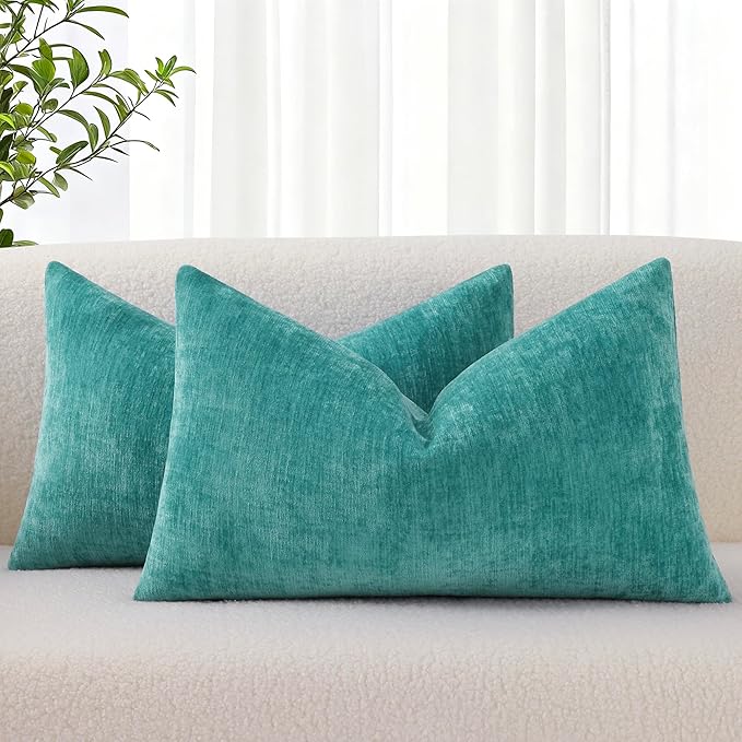 decorUhome Soft Chenille Turquoise Throw Pillow Covers 12X20 Set of 2 | Decorative Fall Couch Pillow Covers Solid Dyed Accent Modern Farmhouse Neutral Rectangle Pillow Cases for Sofa